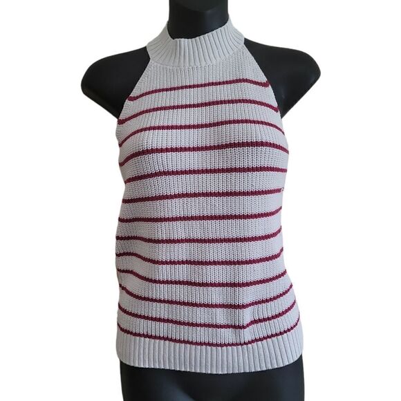 Loft Shimmer Red and Cream Stripe Stitchy Halter Sweater Sz Small - Picture 3 of 9